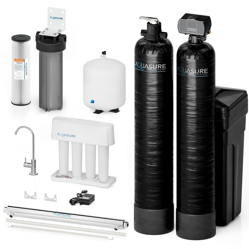 Aquasure Signature Elite | 1,000,000 Gallons Whole House Water Filter Treatment Bundle with 48,000 Grains Softener, 75 GPD Reverse Osmosis System