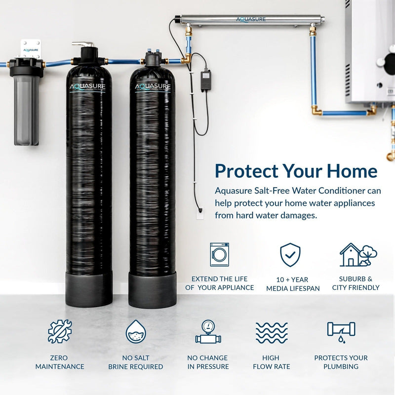 Serene Series | 15 GPM Salt-Free Conditioning, Whole House Water Treatment System, Pleated Sediment Pre-Filter and UV Sterilizer