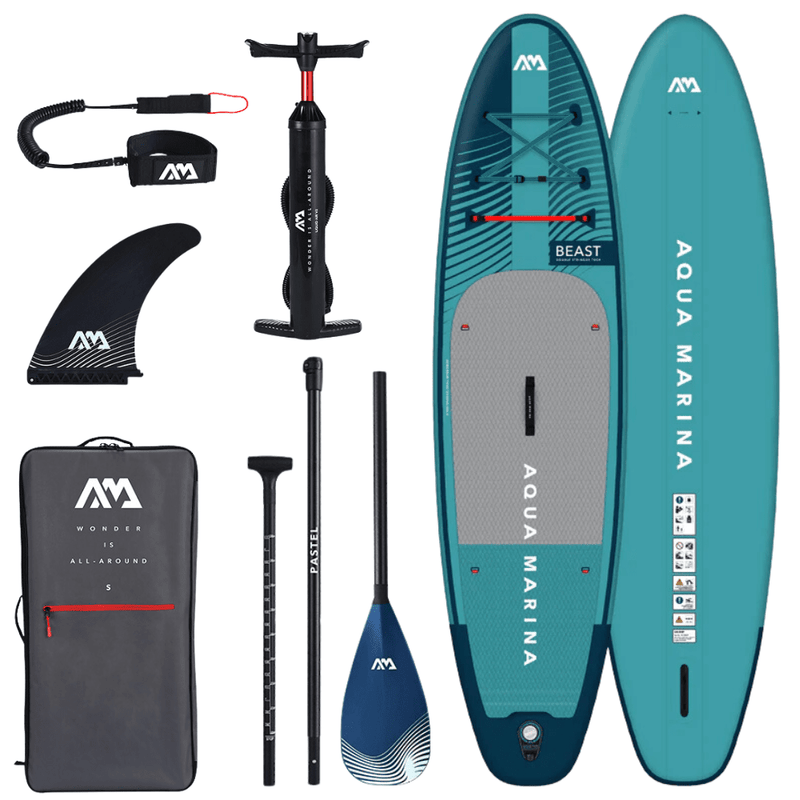 Aqua Marina 10’6″ Beast (Aqua Splash) - Advanced All-around iSUP, 3.2m/15cm, with carbon/fiberglass hybrid PASTEL paddle and coil leash